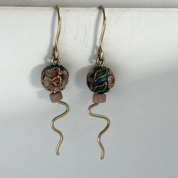 Cloissone earrings. Gold. Drop. Lightweight. Victorian bead - Picture 1 of 3